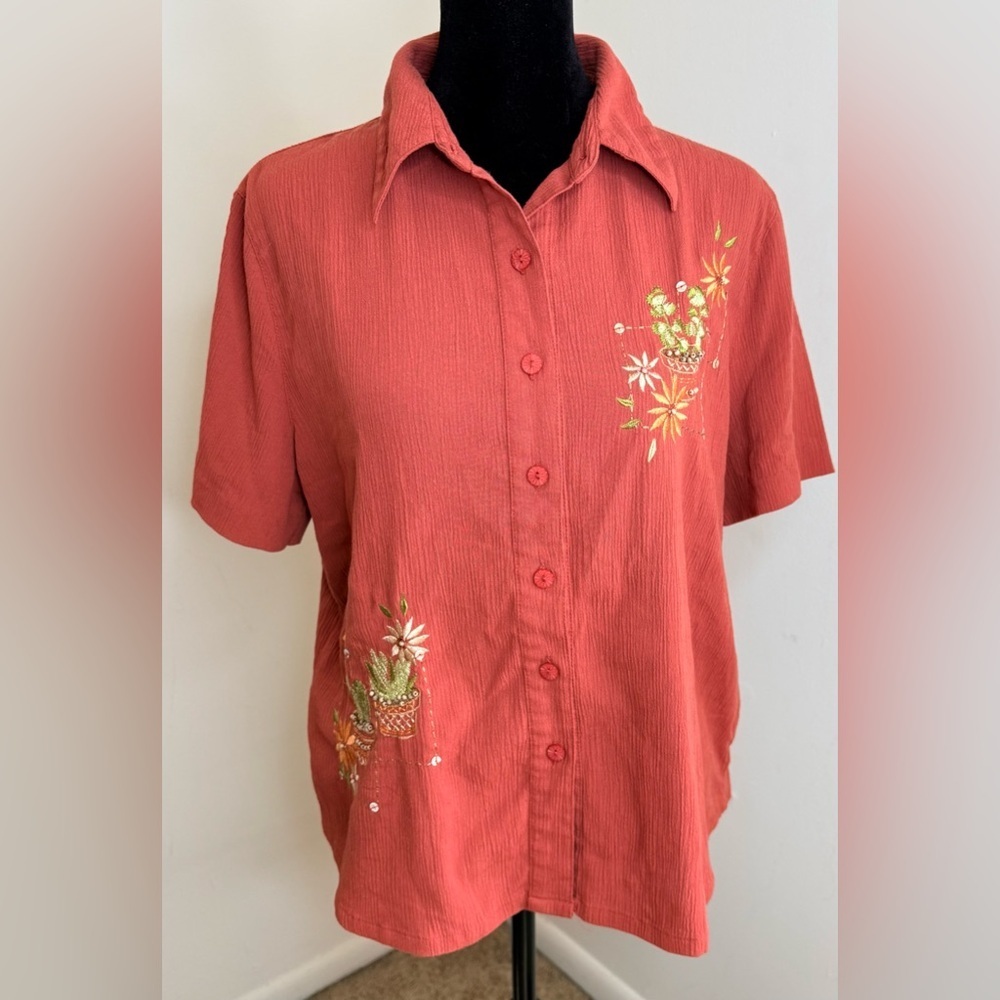 Alfred Dunner Vintage 90’s South western embroidered lightweight cactus shirt Lg